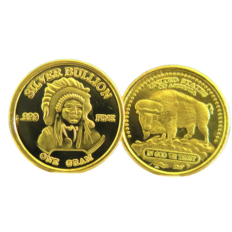 1 grammo placcato in oro originale in argento Sterling Fine bufalo indiano testa moneta A86
