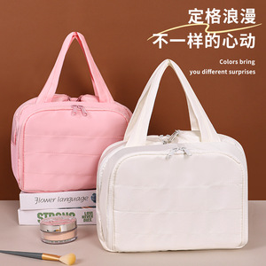 Large Capacity Compartmentalized Cosmetic Bag With Soft Handle Expandable Lightweight Travel <b>Toiletry</b> <b>Storage</b> Case Solid Color - Product Image 2