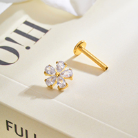 Boucles d'oreilles en titane ASTM F136 avec zircon, clous à dos plat filetés internement pour tragus et cartilage, plaqués or 18 carats, bijoux de piercing corporel