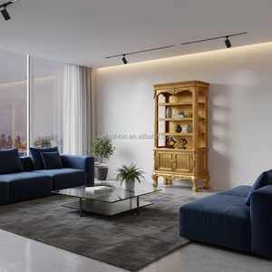 Librería Abierta Clásica Rococó Tallada a <span class=keywords><strong>Mano</strong></span> y Dorada con Puertas de Almacenamiento y Patas Cabriolé para Sala de Estar - Product Image 5