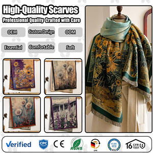 Châle de luxe doux en imitation cachemire, motif floral rétro paysager artistique, écharpe à pompons pour femme, idéal pour le bureau, les soirées et les banquets - Product Image 1
