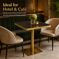 Mesa de Bistro de Piedra Sinterizada Negra de Lujo con Borde Dorado y Base de Pedestal Cuadrado, Muebles Comerciales para Restaurantes