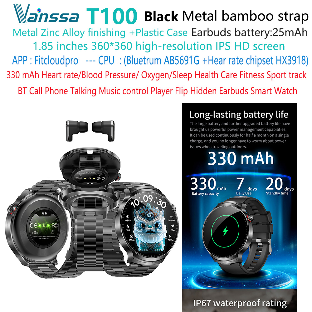 Reloj inteligente con auriculares T100 de acero negro