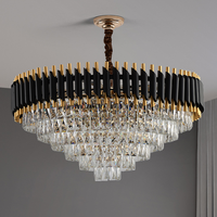 JACKSUN Grand Lustre Moderne en Cristal K9, Suspension Ronde Noire Rustique pour Hôtel et Salon