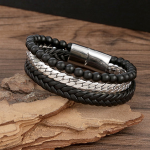 Braccialetto di perline di ossidiana in acciaio inossidabile ODM Pulsera de cuero per uomo bracciale in pelle intrecciata a mano in acciaio inossidabile per uomo - Product Image 4