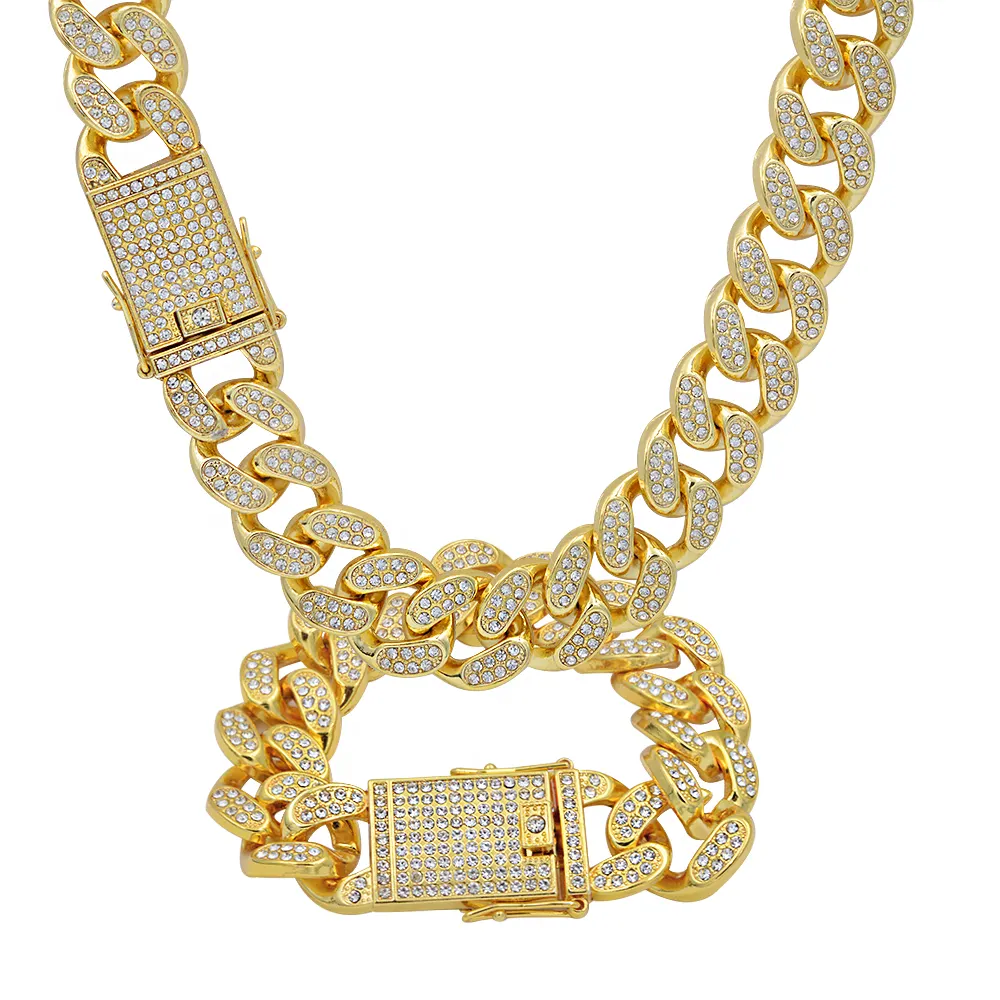 Hot Selling Hip Hop Style 18K Gold Men's Diamond Necklace 24 Inch Large Gold Chain Cuban Chain Set