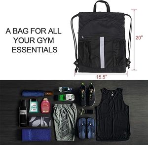 Drawstring Backpack Bag with Shoe Compartment X-Large Black Gym Sports String Cinch Backpack - Product Image 2