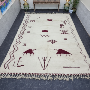 Maroon and White Gorgeous Beniourain Berber Symbols Moroccan <b>Rug</b> Handmade Wool Abstract Area Bohemian Wool <b>Rug</b> Best Quality - Product Image 1