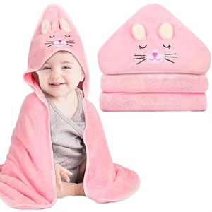 <span class=keywords><strong>Accappatoio</strong></span> per Bambini in Pile Corallo Assorbente con Cappuccio Ricamato, Mantella da Bagno Cartoon, Fascia Avvolgente per Neonati - Product Image 1