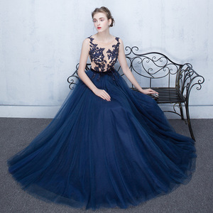 S2792R New Blue Long Round Neck Sleeveless Lady Lace Slim Wedding Evening Dress - Product Image 4