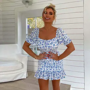 summer off the shoulder sexy pleated dress girl short bodycon dress floral