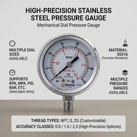 Hochpräzises Edelstahl-Druckmessgerät 0-25MPa 1/4 NPT Radial Axial Membran-Manometer für Industriegasüberwachung