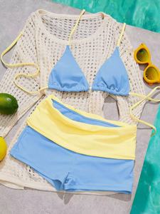 Conjunto de Bikini Triangular Halter de Color Sólido para Mujer, Traje de Baño de Dos Piezas con Tiras en la Espalda y Pantalones Cortos Tipo Boyshort, Ropa de Playa - Product Image 5