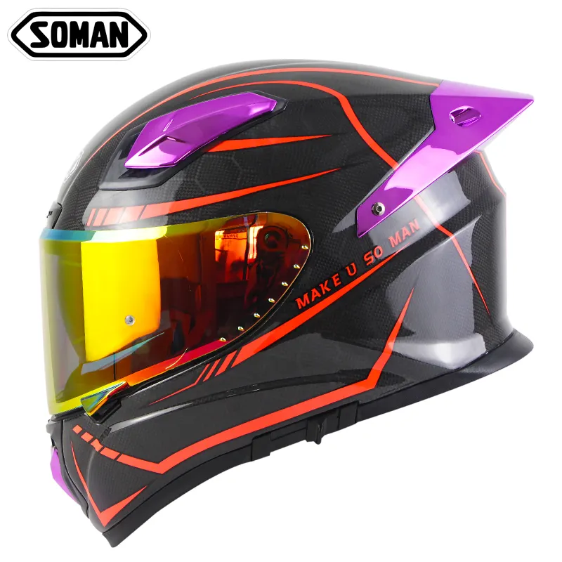 Nuova decalcomania Soman in fibra di carbonio Full Face Double Lens caschi da moto donna casco da bici viola con ala posteriore blu cromata