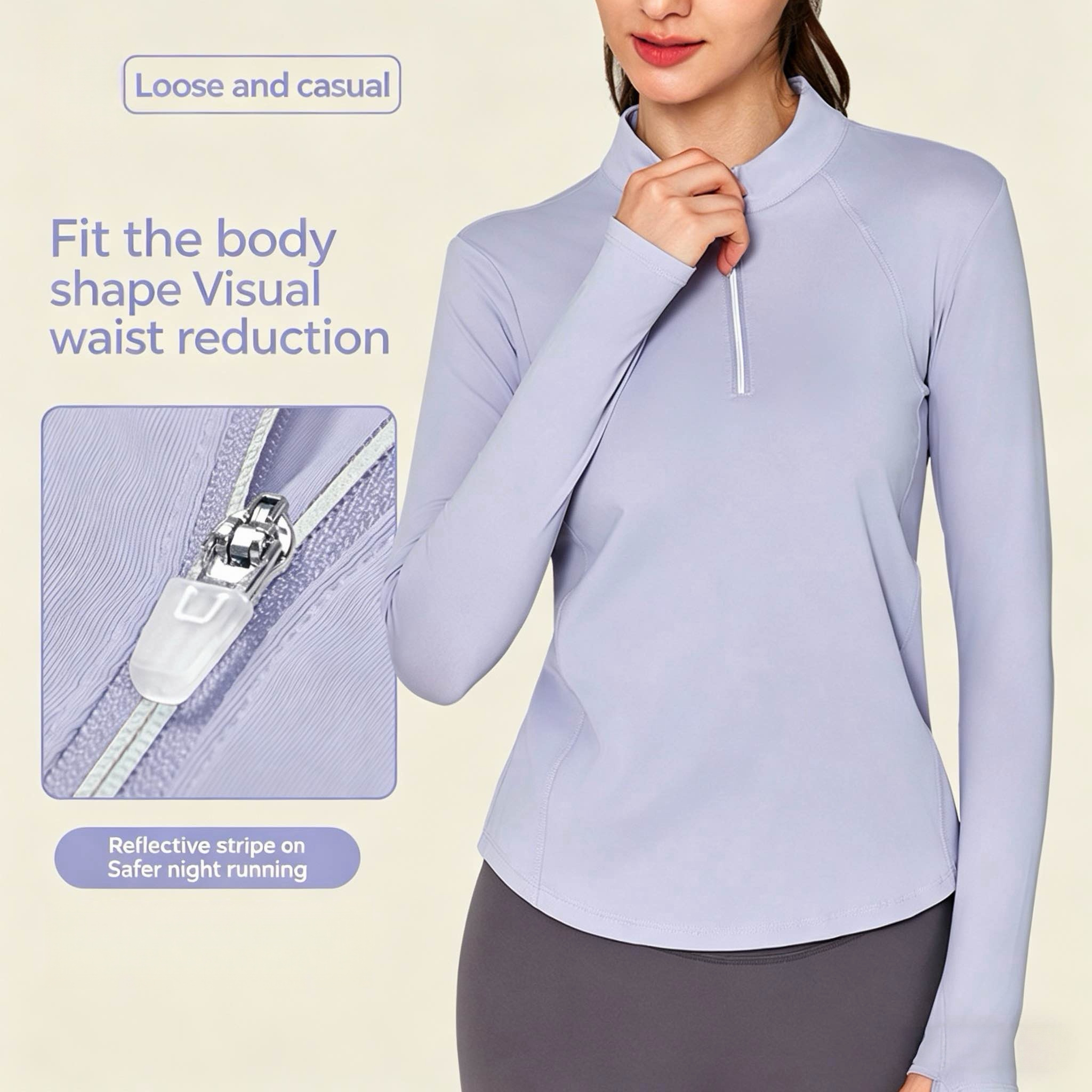 JCX Women's Yoga Wear Long-Sleeve Top with Reflective Strips Half-Zip Sports Top Waist-Cinching Slimming Running and Fitness Top