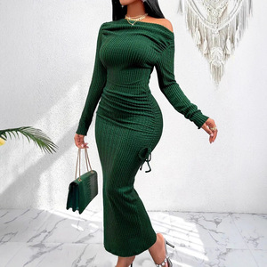 Abito da donna in maglia francese a maniche lunghe, a vita alta, slim fit, retrò, elegante, vintage, da ufficio, per tutti i giorni, chic. - Product Image 3