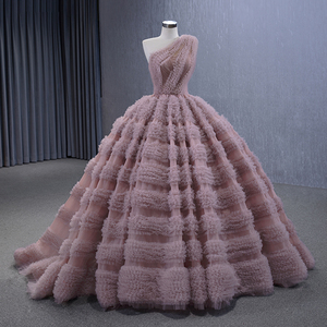 Intricate Shirred <b>Prom</b> <b>Dress</b> One-Shoulder Sleeveless <b>Modest</b> Backless Layered Puffy Tulle Floor Length Party Gowns Rsm231133 - Product Image 1