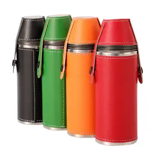 10Oz Leather Wrap Cylinder Hip Flask Set With Shot Glass Funnel