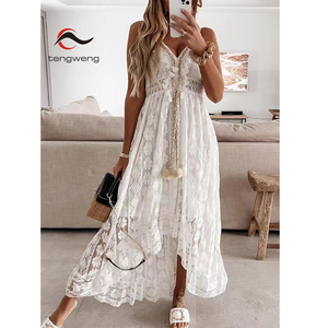 TW Lace Suspender Large Hem Smock Color sólido Vestido largo Traje de baño de playa Bikini Cover up - Product Image 1