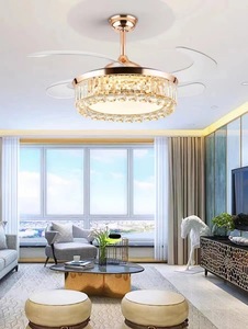 Ventilateur de plafond moderne pour salon de villa avec éclairage LED et télécommande, 5 vitesses, montage encastré, finition dorée et cristaux - Product Image 4