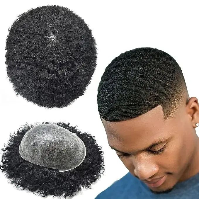Afro Wave Hair unit per uomo completo di sostituzione dei capelli di pizzo francese nero maschio riccio Afro Toupee africano americano capelli umani parrucche da uomo