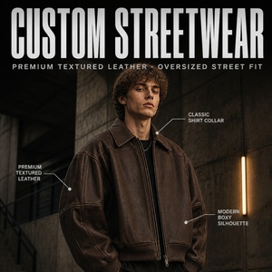 Blouson Bomber Ample et Décontracté Marron en Similicuir à Col Rabattu Entièrement Zippé, Manches Longues, Style Vintage - Product Image 1