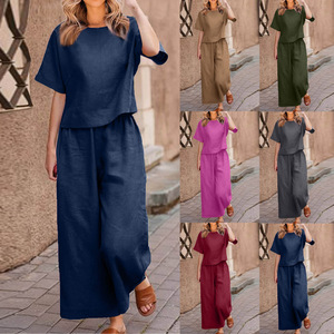 En stock – Nouveauté été 2026 : Ensemble deux pièces femme en coton et lin, t-shirt à manches courtes et pantalon large – Vente en gros - Product Image 4