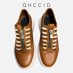 Baskets Chunky en Cuir Véritable pour Hommes, Semelle Épaisse, Fermeture Éclair, Coupe Basse, Talon Moyen, Chaussures Décontractées Quotidiennes, Style Rétro, Marron - Product Image 3