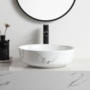Lavabo rond en céramique à motif marbré pour salle de bain, à poser sur comptoir - Product Image 5