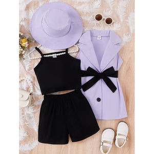 الأكثر مبيعًا الصيف فتاة حمالة سترة فرنسية + شورت + طية صدر سترة بلا أكمام + قبعة بأربطة بدلة من أربع قطع - Product Image 4