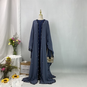 Lightweight Moroccan Chiffon <b>Long</b> <b>Kaftan</b> Dubai Abaya Style With Black Lace White Pearls for Muslim Women 1653# - Product Image 5