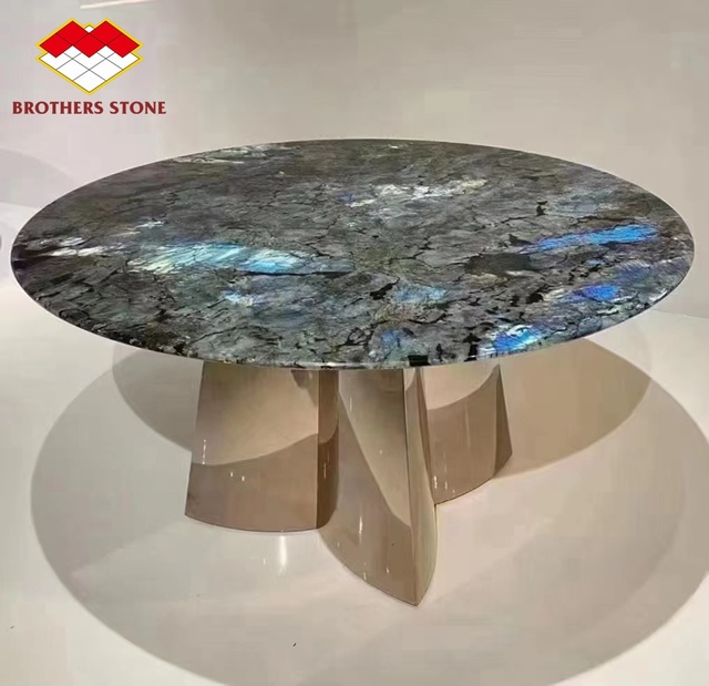 Custom Luxury Dining Table Set 8 Seater Labradorite Bahia Blue Granite Marble for Villa Hotel Dining Room