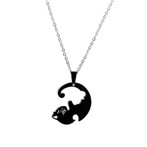 cheap wholesale stainless steel cat pendant with chain couple lover romantic ying yang style gold silver-black tone fashion