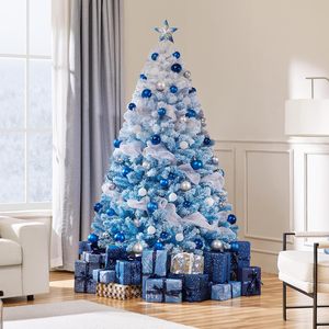 Sapin de Noël artificiel pré-éclairé de 1,80 m avec 250 lumières incandescentes blanc chaud, floqué, en PVC, avec support pliable en acier, modèle Lake - Product Image 2
