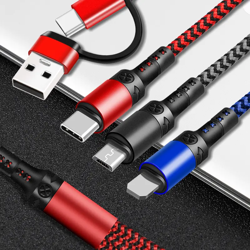 3A Nylon Braided 5 In 1 Fast Charging Data Sync Micro Usb Type-c Cable Usb Data Cable Charge Cables