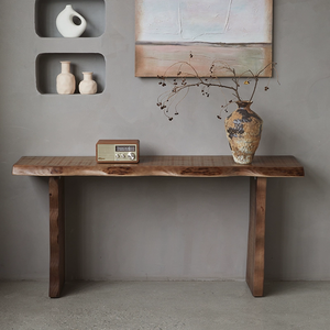 Console d'entrée en bois massif à bord naturel avec bandes décoratives modernes, comptoir mural en bois massif - Product Image 5