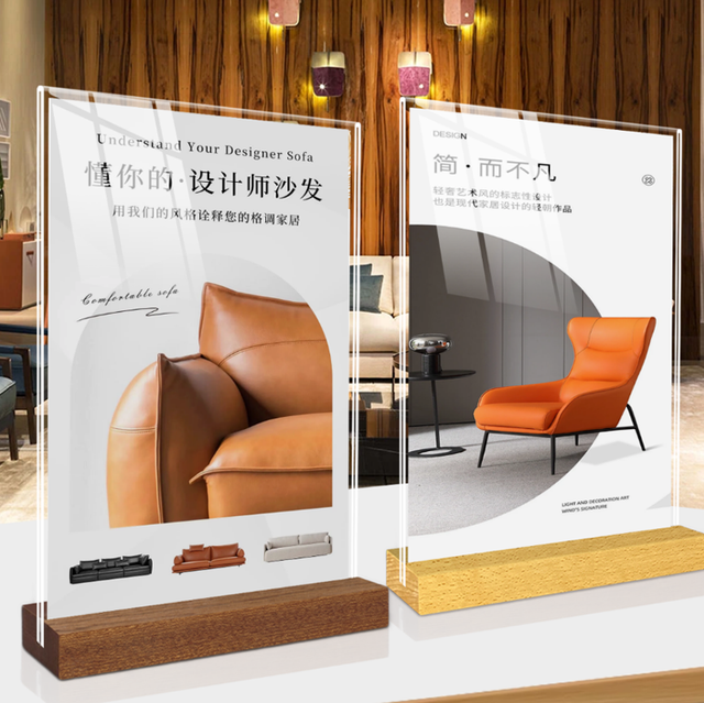 Custom Advertising Acrylic Menu Fast Food Menu Display Slim Hotels A3/A4 Wood Base Restaurant Poster Stand