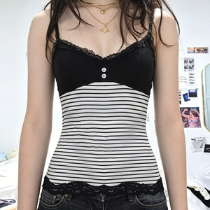 เสื้อกล้ามสายเดี่ยวถักสำหรับผู้หญิงเสื้อสายเดี่ยวแนวลำลองสีพื้นลายทางแต่งขอบลูกไม้แฟชั่น Y2K - Product Image 2
