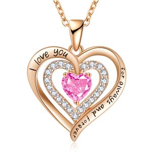 Collier pendentif double cœur en or rose avec topaze bleue simulée et zircon cubique, pierre de naissance de décembre, pour femme - Product Image 1