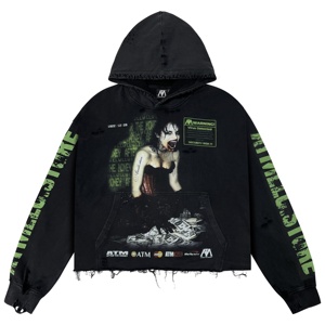 เสื้อฮู้ดดี้ผู้ชายคุณภาพสูงทรงโอเวอร์ไซส์ สไตล์โกธิค ลายกราฟิกสยองขวัญ ขอบแขนเสื้อฉีกขาด ชายเสื้อพุ่งฟุ้ง สตรีทแวร์ สำหรับงานสั่งทำ - Product Image 1