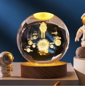 3D Interior Carved Night Light Crystal Glass Ball Night Lights Solar System Planet Sphere Illusion Wooden Base LED Night Lamp
