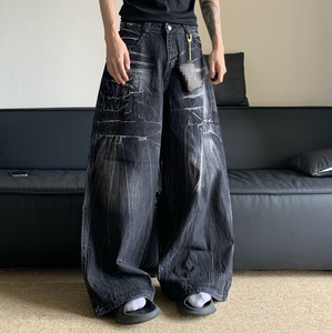 Pantalones Vaqueros Holgados de Mezclilla Lavada a la Piedra de 510g de Alta Calidad, Estilo Urbano Y2K de Moda, Color Negro, Corte Recto Medio, para Hip Hop, Personalizables y de Gran Tamaño en Oferta - Product Image 1