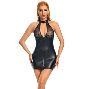 Sexy Leder Dessous durchsichtige Spitze Nähte weiches Leder Halfter rücken frei Reiß verschluss vorne Nachtclub Kleid 6515 - Product Image 2