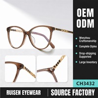 Monture de lunettes optiques élégante en acétate œil de chat avec décoration en métal à chaîne creuse sur les branches, supportant l'impression de logo personnalisé OEM ODM