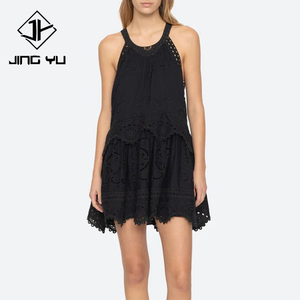 Robe d'été de plage de haute qualité, à col halter, brodée, personnalisée, 100% coton respirant, mini-robe - Product Image 1