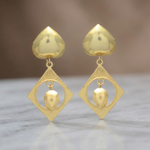 Matte Gold Puffed Heart Rhombus Geometric Circle Cutout <b>Diamond</b> Drop <b>Earrings</b> Brass 18K Gold Plated Engagement - Product Image 2