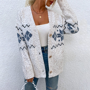 Último DISEÑO DE Navidad de las mujeres Uggly Snowflake Cardigan suéter de punto de un solo pecho abrigos de punto de bolsillo para las mujeres - Product Image 3