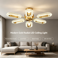 Plafonnier LED radial moderne de luxe à 6 bras, lampe encastrée dorée avec abat-jour texturé en maille diamantée pour salon, villa