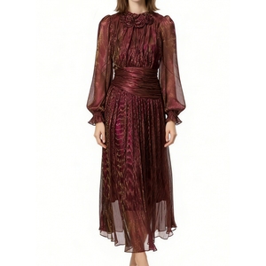 Vestido Maxi de Mujer con Hilo Metálico, Diseño Floral 3D, Cuello Alto y Fruncido, Vestido de Noche Elegante - Product Image 1