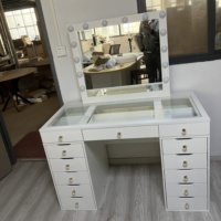 Coiffeuse de Chambre Moderne de Luxe avec Miroir et Lumières LED, Plateau en Verre Transparent, Meuble de Maquillage
